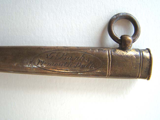 A nice early 19th c. British Naval Dirk with 8" Blade and Brass Scabbard signed "G. Banks, Plymouth Docks" circa 1800-1815. — image 2